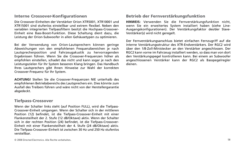 Interne crossover-konfigurationen, Tiefpass-crossover, Betrieb der fernverstärkungsfunktion | Orion Car Audio XTR Power Amplifier XTR5001 User Manual | Page 59 / 102
