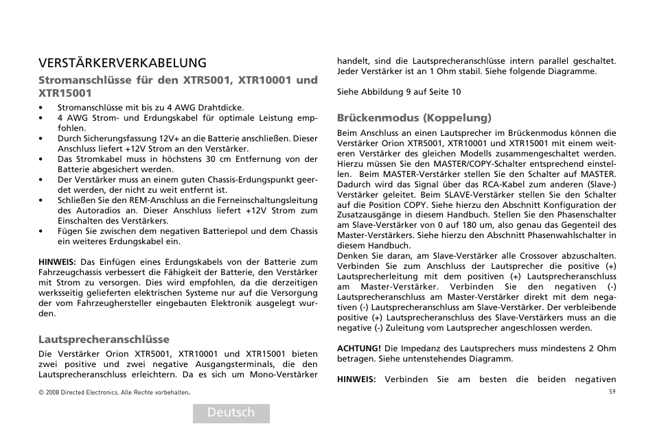 Deutsch verstärkerverkabelung | Orion Car Audio XTR Power Amplifier XTR5001 User Manual | Page 60 / 102