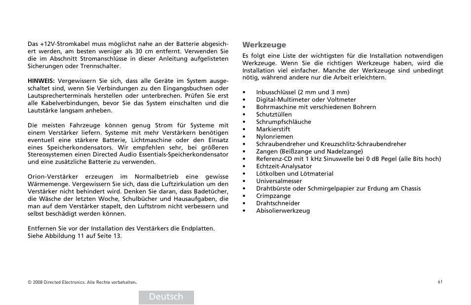 Deutsch, Werkzeuge | Orion Car Audio XTR Power Amplifier XTR5001 User Manual | Page 62 / 102