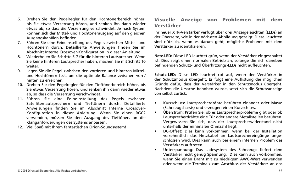 Visuelle anzeige von problemen mit dem verstärker | Orion Car Audio XTR Power Amplifier XTR5001 User Manual | Page 65 / 102