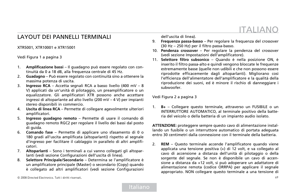 Italiano, Layout dei pannelli terminali | Orion Car Audio XTR Power Amplifier XTR5001 User Manual | Page 70 / 102