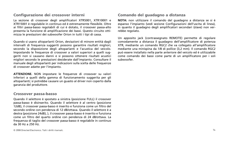 Configurazione dei crossover interni, Crossover passa-basso, Comando del guadagno a distanza | Orion Car Audio XTR Power Amplifier XTR5001 User Manual | Page 75 / 102