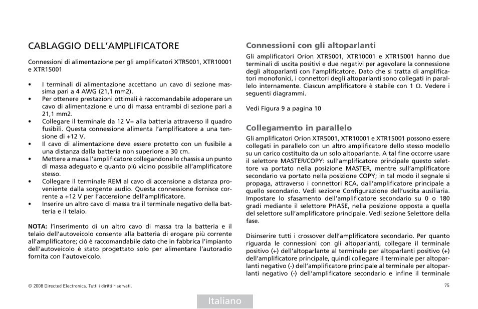 Italiano cablaggio dell’amplificatore, Connessioni con gli altoparlanti, Collegamento in parallelo | Orion Car Audio XTR Power Amplifier XTR5001 User Manual | Page 76 / 102