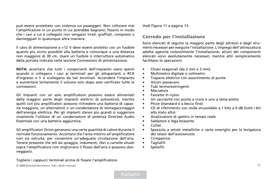 Italiano, Corredo per l’installazione | Orion Car Audio XTR Power Amplifier XTR5001 User Manual | Page 78 / 102