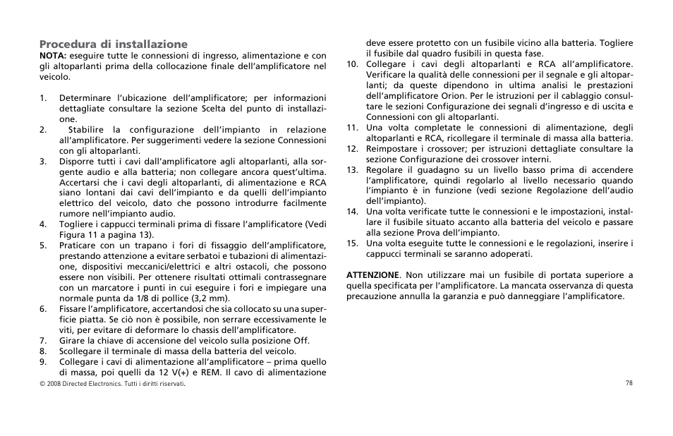 Procedura di installazione | Orion Car Audio XTR Power Amplifier XTR5001 User Manual | Page 79 / 102
