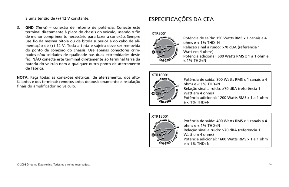 Especificações da cea | Orion Car Audio XTR Power Amplifier XTR5001 User Manual | Page 87 / 102