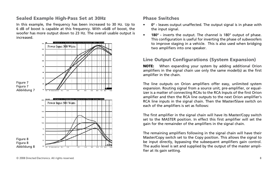 Sealed example high-pass set at 30hz, Phase switches, Line output configurations (system expansion) | Orion Car Audio XTR Power Amplifier XTR5001 User Manual | Page 9 / 102