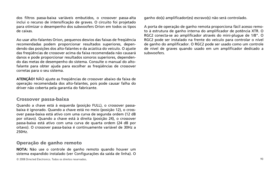 Crossover passa-baixa, Operação de ganho remoto | Orion Car Audio XTR Power Amplifier XTR5001 User Manual | Page 91 / 102