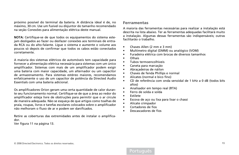 Português, Ferramentas | Orion Car Audio XTR Power Amplifier XTR5001 User Manual | Page 94 / 102