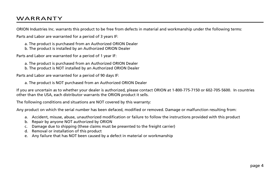 Warranty | Orion Car Audio 200 User Manual | Page 6 / 44