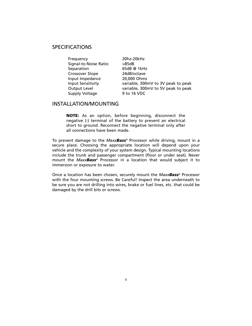 Specifications, Installation/mounting | Orion Car Audio ORION MaxxBass User Manual | Page 7 / 17