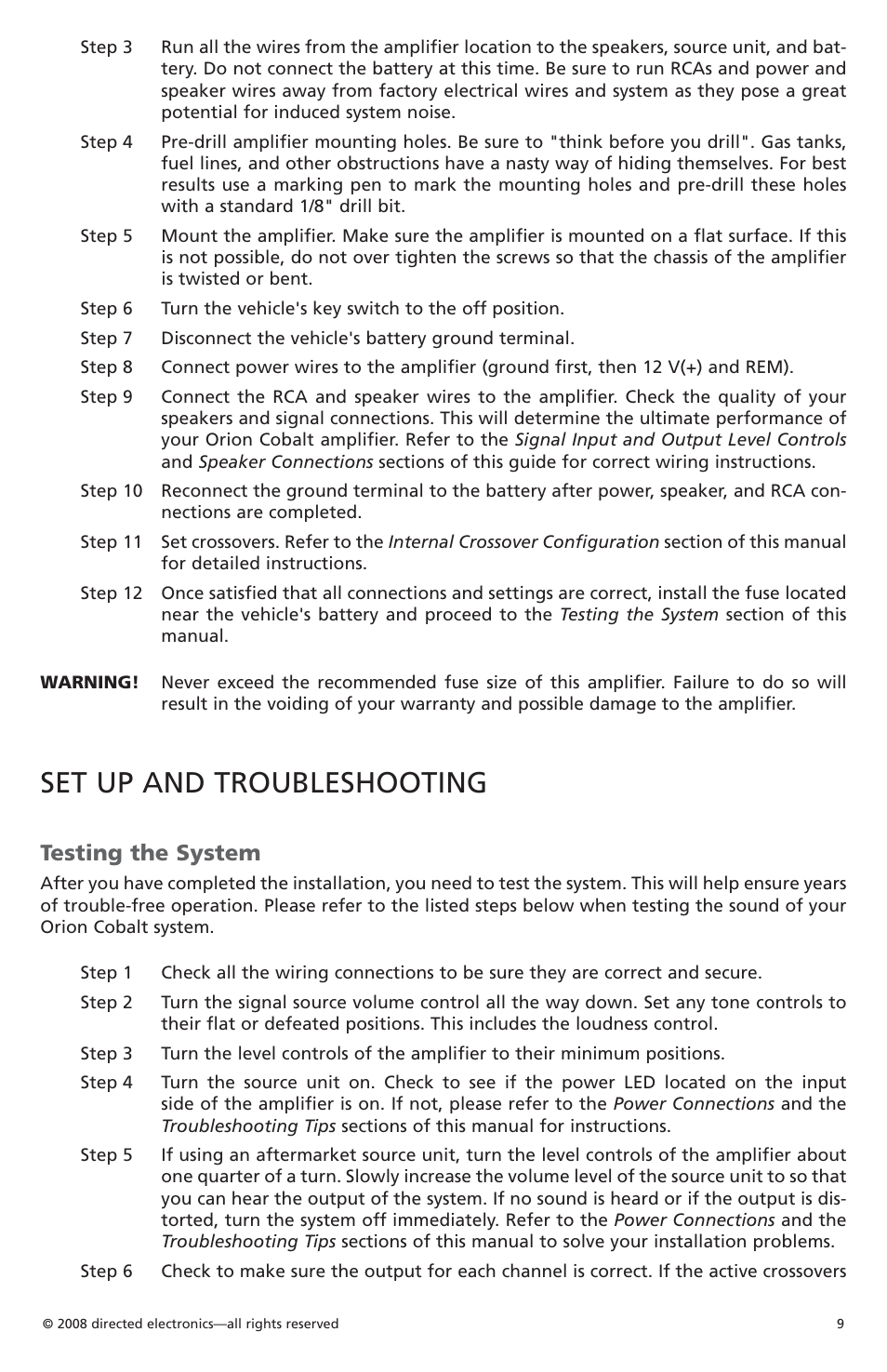 Set up and troubleshooting, Testing the system | Orion Car Audio CO6002 User Manual | Page 10 / 66