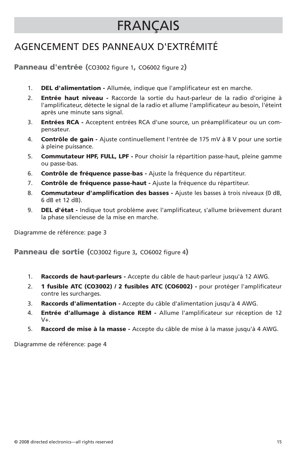 Français, Agencement des panneaux d'extrémité, Panneau d'entrée | Panneau de sortie | Orion Car Audio CO6002 User Manual | Page 16 / 66