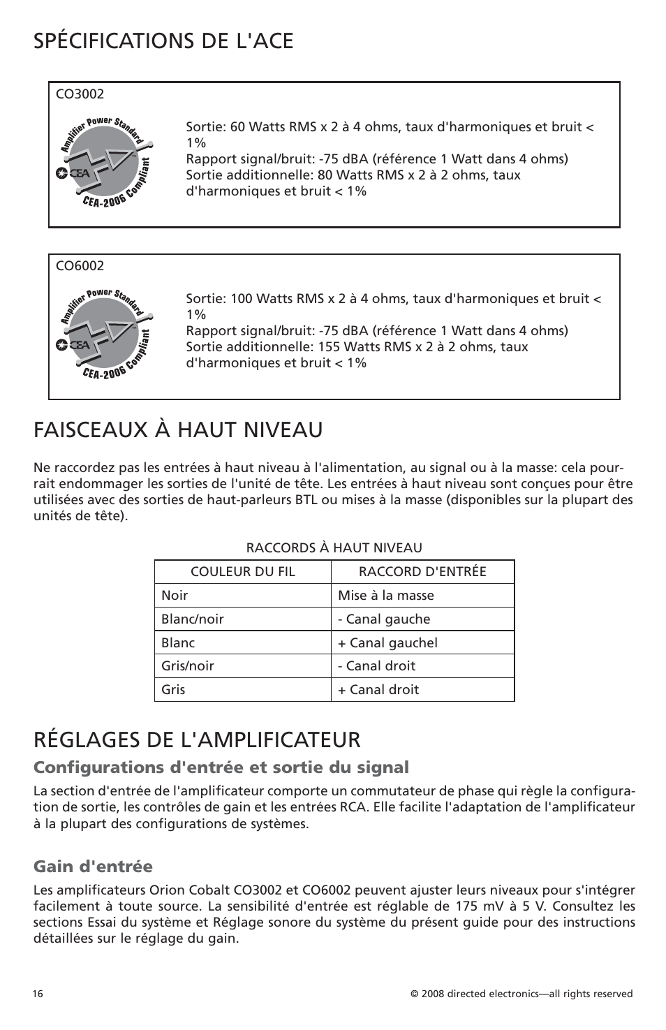 Spécifications de l'ace, Faisceaux à haut niveau, Réglages de l'amplificateur | Configurations d'entrée et sortie du signal, Gain d'entrée | Orion Car Audio CO6002 User Manual | Page 17 / 66