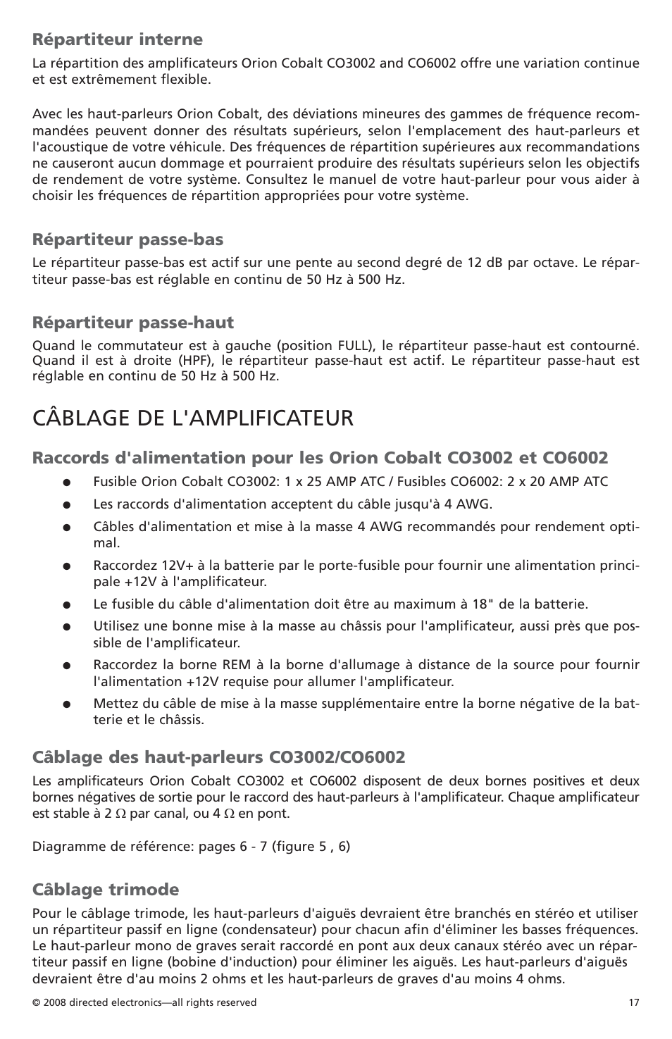 Câblage de l'amplificateur, Répartiteur interne, Répartiteur passe-bas | Répartiteur passe-haut, Câblage trimode | Orion Car Audio CO6002 User Manual | Page 18 / 66