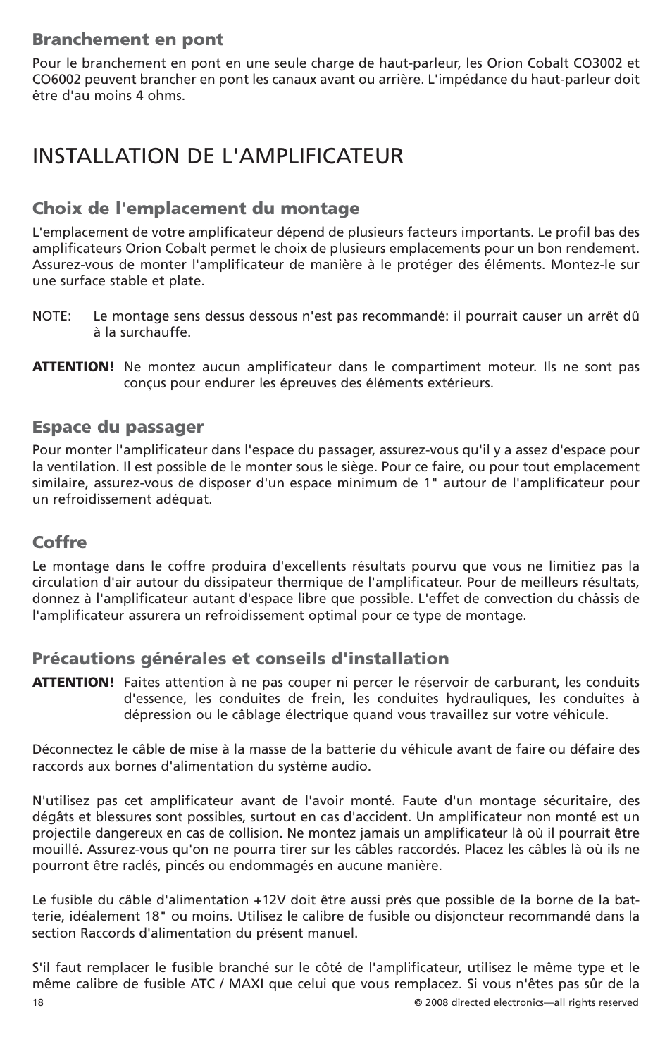 Installation de l'amplificateur, Branchement en pont, Choix de l'emplacement du montage | Espace du passager, Coffre, Précautions générales et conseils d'installation | Orion Car Audio CO6002 User Manual | Page 19 / 66