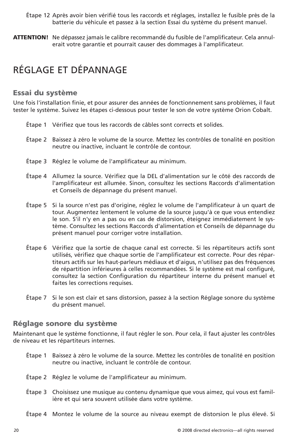 Réglage et dépannage, Essai du système, Réglage sonore du système | Orion Car Audio CO6002 User Manual | Page 21 / 66