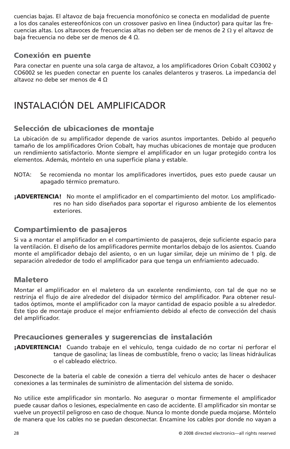 Instalación del amplificador, Conexión en puente, Selección de ubicaciones de montaje | Compartimiento de pasajeros, Maletero | Orion Car Audio CO6002 User Manual | Page 29 / 66