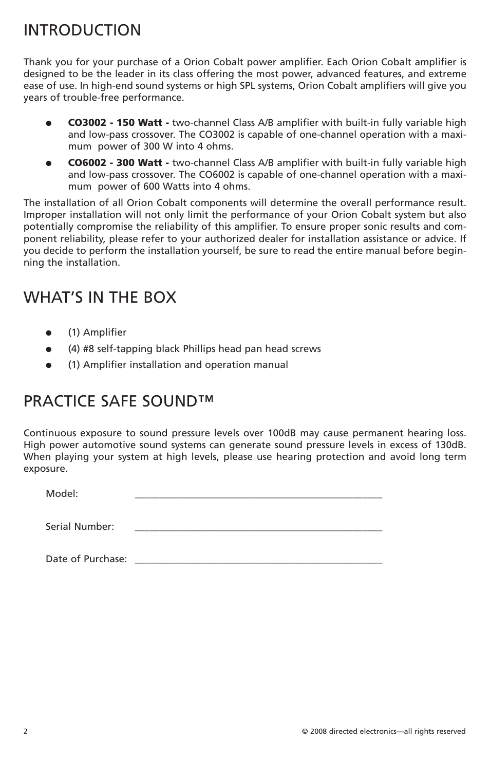 Introduction, What’s in the box, Practice safe sound | Orion Car Audio CO6002 User Manual | Page 3 / 66