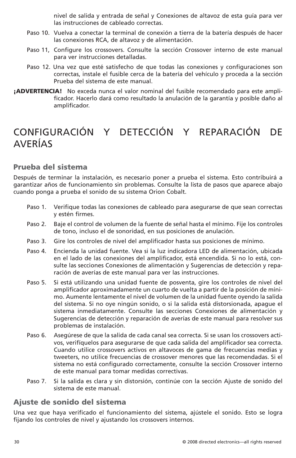 Configuración y detección y reparación de averías, Prueba del sistema, Ajuste de sonido del sistema | Orion Car Audio CO6002 User Manual | Page 31 / 66