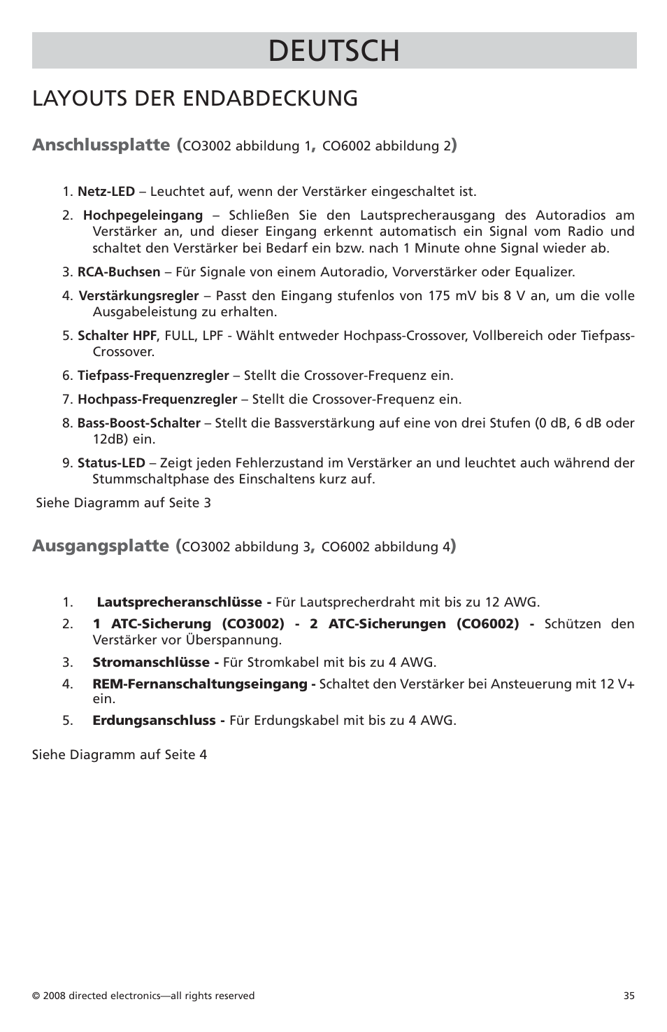 Deutsch, Layouts der endabdeckung, Anschlussplatte | Ausgangsplatte | Orion Car Audio CO6002 User Manual | Page 36 / 66