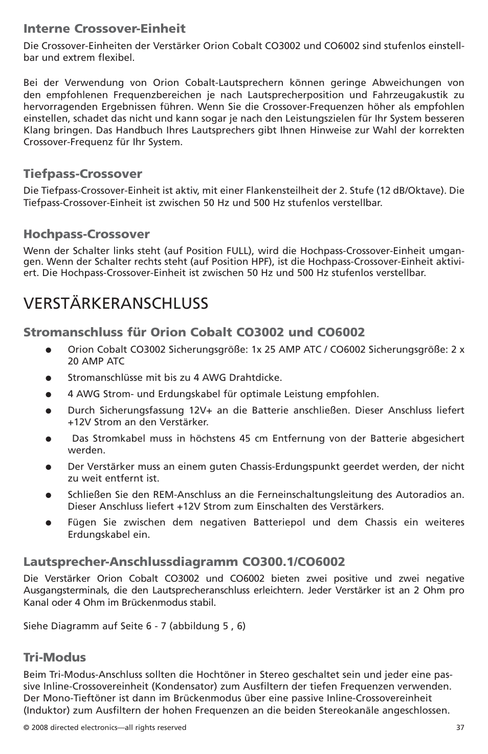 Verstärkeranschluss, Interne crossover-einheit, Tiefpass-crossover | Hochpass-crossover, Tri-modus | Orion Car Audio CO6002 User Manual | Page 38 / 66