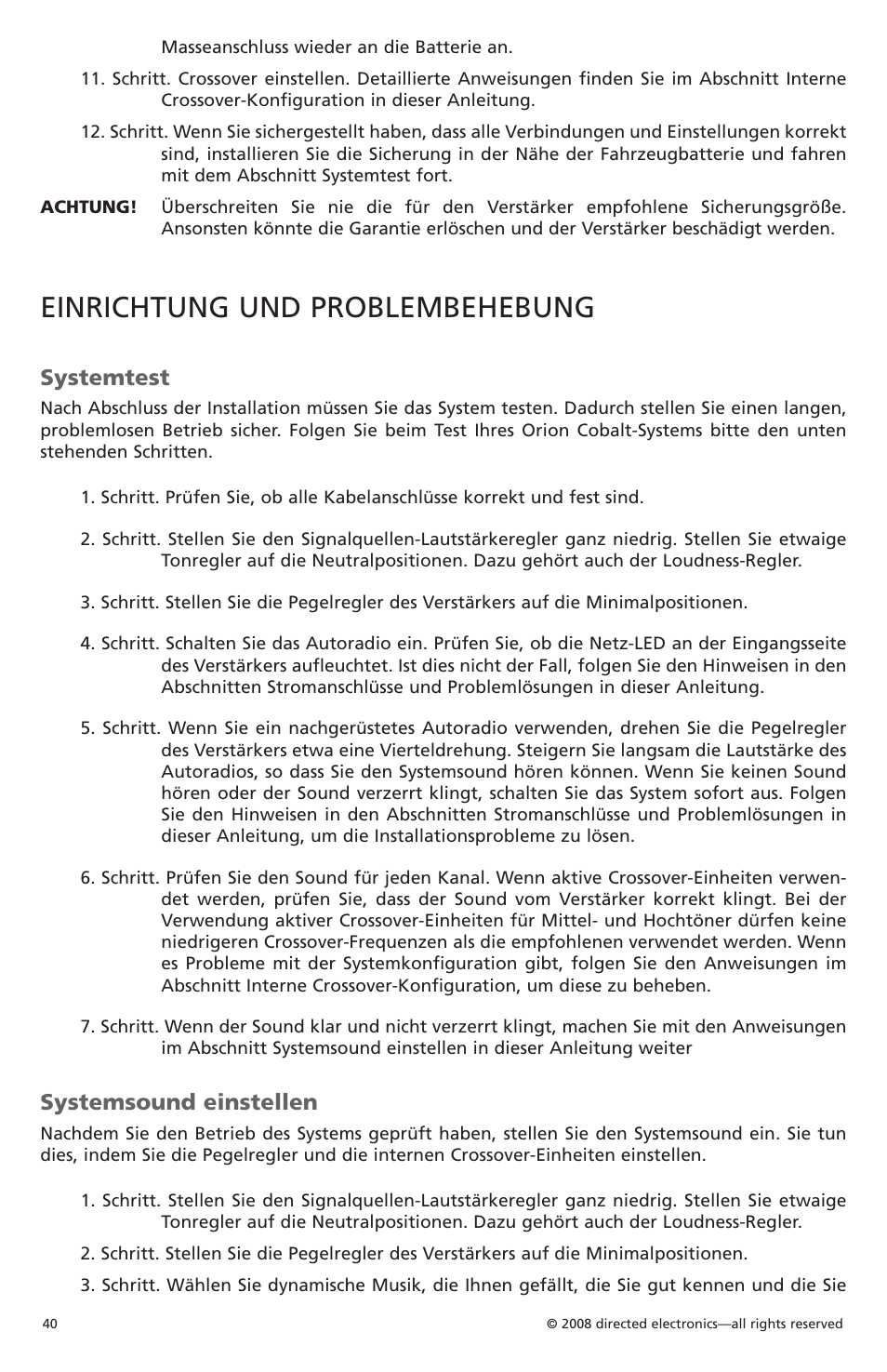 Einrichtung und problembehebung, Systemtest, Systemsound einstellen | Orion Car Audio CO6002 User Manual | Page 41 / 66