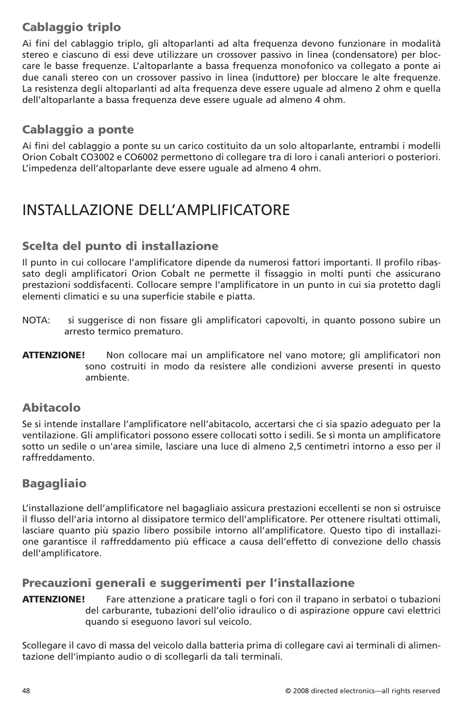 Installazione dell’amplificatore, Cablaggio triplo, Cablaggio a ponte | Scelta del punto di installazione, Abitacolo, Bagagliaio | Orion Car Audio CO6002 User Manual | Page 49 / 66