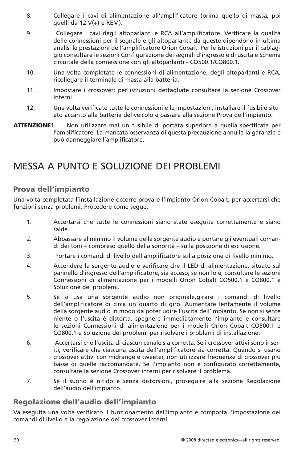 Messa a punto e soluzione dei problemi, Prova dell’impianto, Regolazione dell’audio dell’impianto | Orion Car Audio CO6002 User Manual | Page 51 / 66