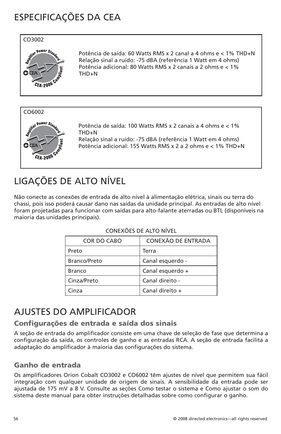 Especificações da cea, Ligações de alto nível, Ajustes do amplificador | Configurações de entrada e saída dos sinais, Ganho de entrada | Orion Car Audio CO6002 User Manual | Page 57 / 66