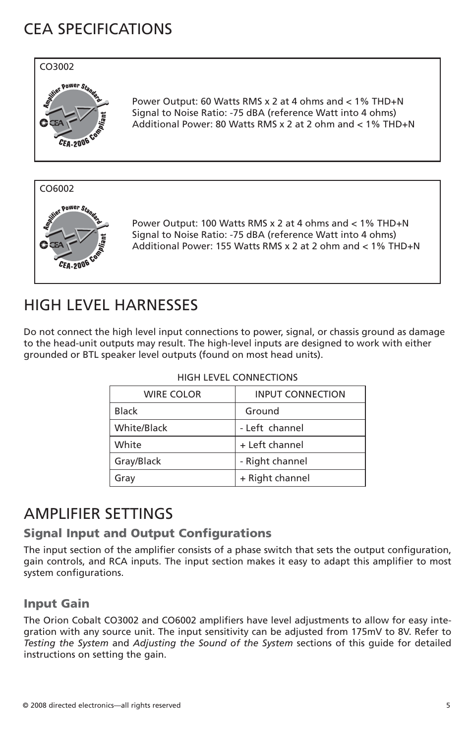 Cea specifications, High level harnesses, Amplifier settings | Signal input and output configurations, Input gain | Orion Car Audio CO6002 User Manual | Page 6 / 66