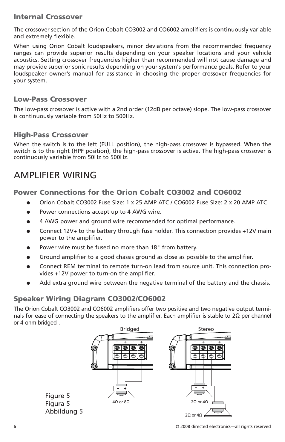 Amplifier wiring, Internal crossover, Low-pass crossover | High-pass crossover, Figure 5 figura 5 abbildung 5 | Orion Car Audio CO6002 User Manual | Page 7 / 66