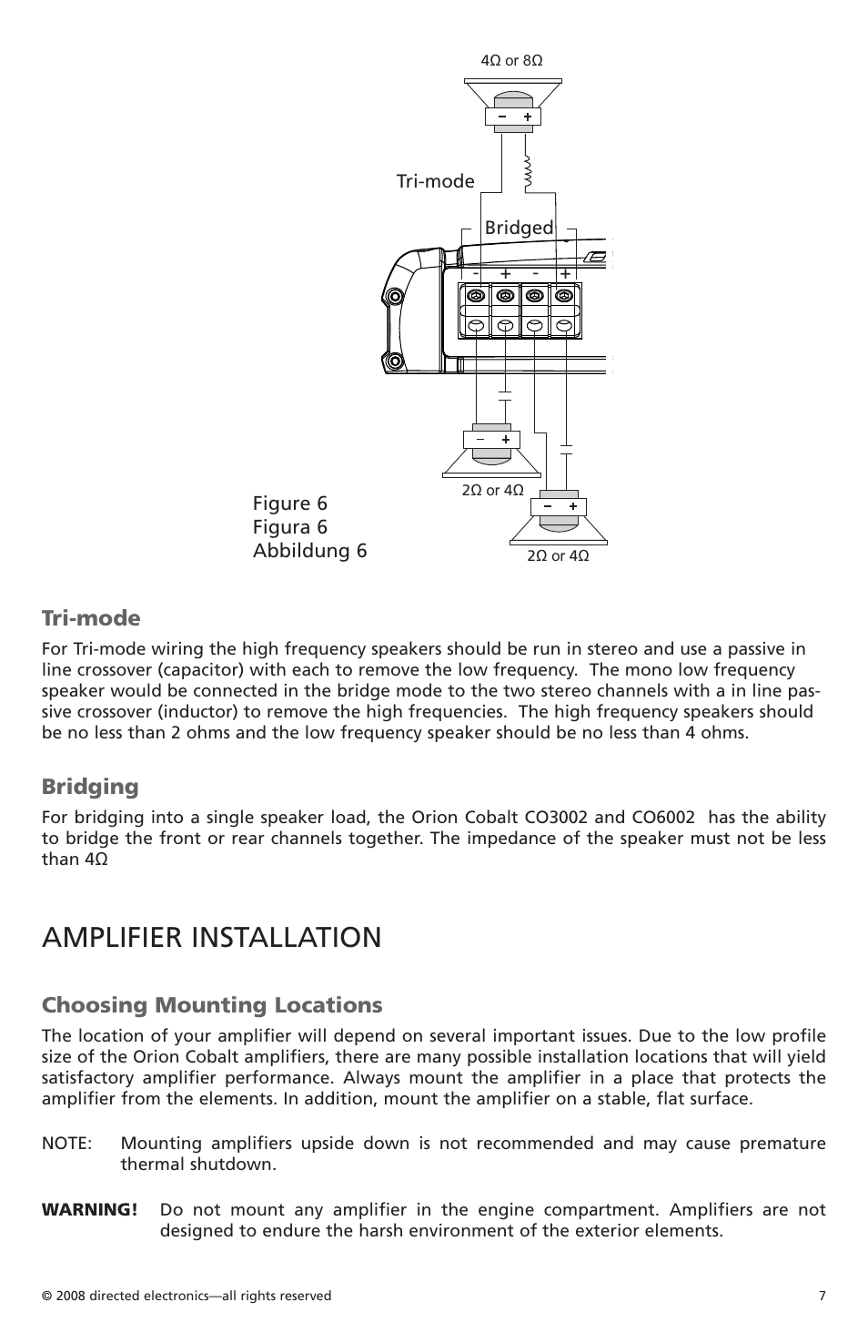 Amplifier installation, Tri-mode, Bridging | Choosing mounting locations | Orion Car Audio CO6002 User Manual | Page 8 / 66