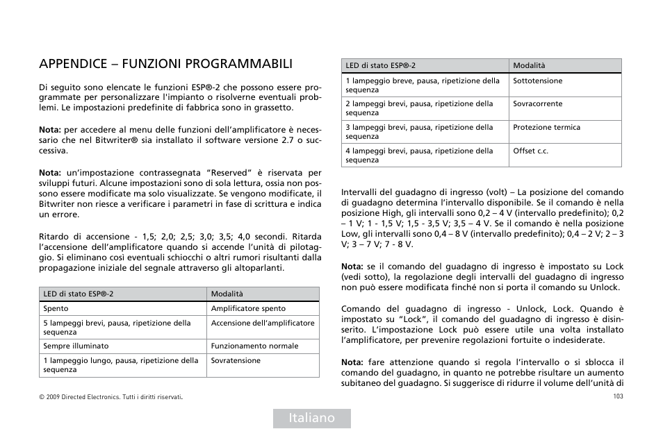 Italiano, Appendice – funzioni programmabili | Orion Car Audio HCCA25001 User Manual | Page 104 / 126