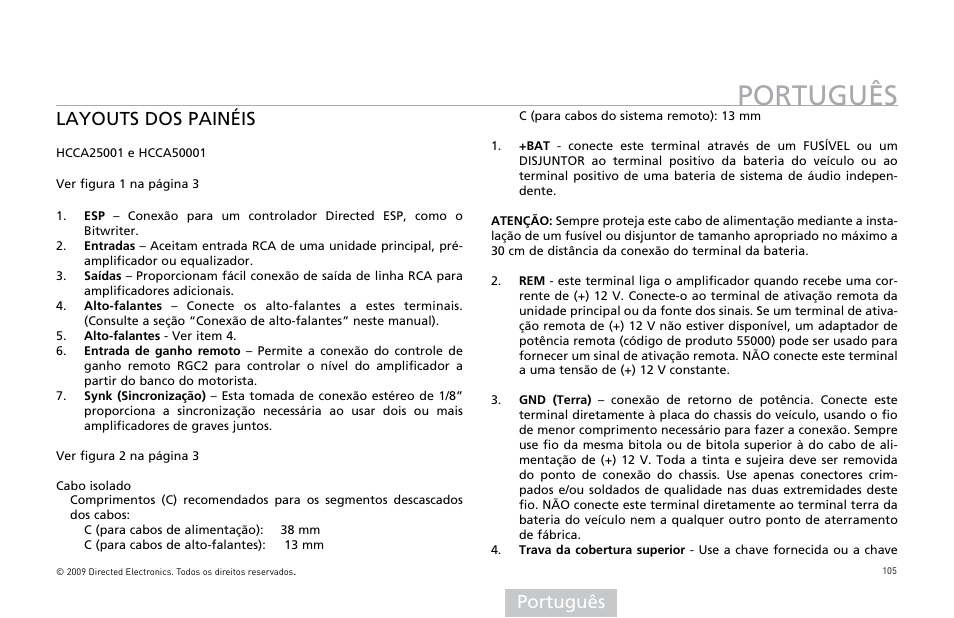 Português, Layouts dos painéis | Orion Car Audio HCCA25001 User Manual | Page 106 / 126