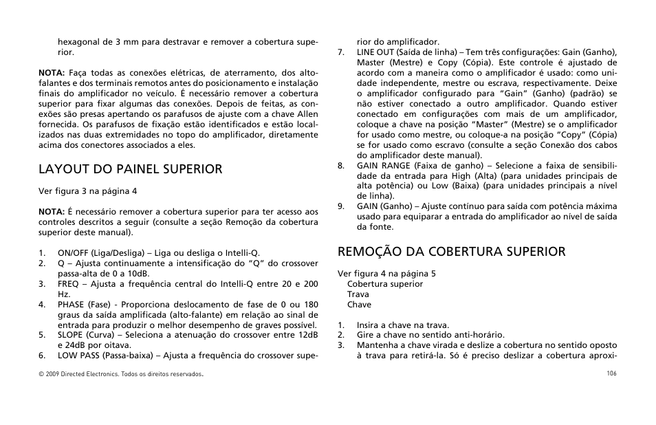 Layout do painel superior, Remoção da cobertura superior | Orion Car Audio HCCA25001 User Manual | Page 107 / 126