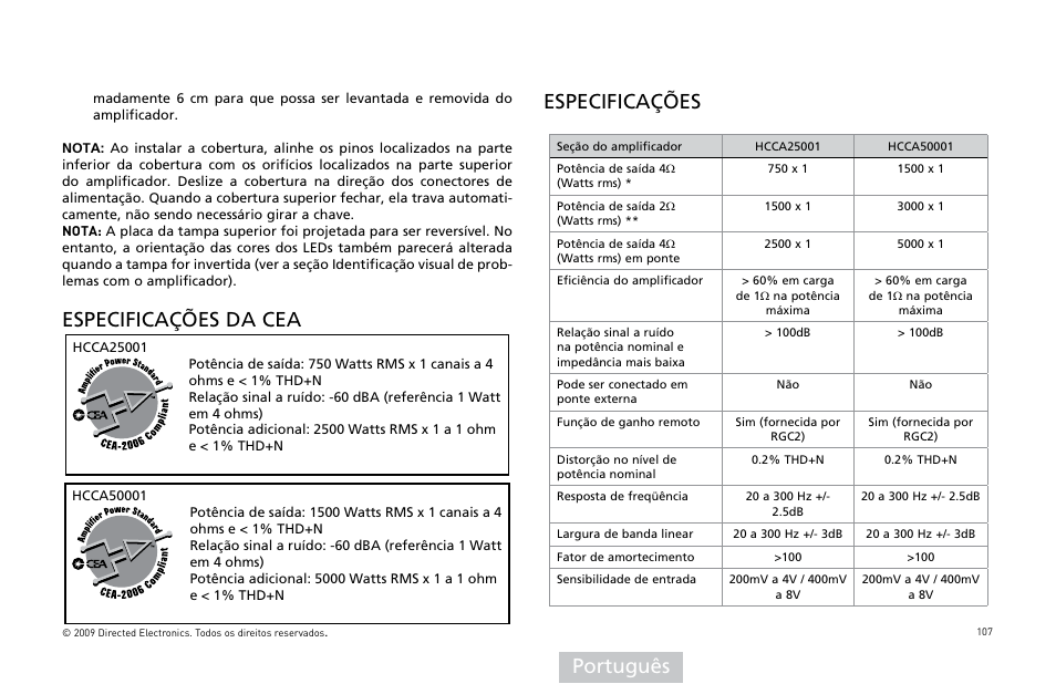 Português, Especificações da cea, Especificações | Orion Car Audio HCCA25001 User Manual | Page 108 / 126