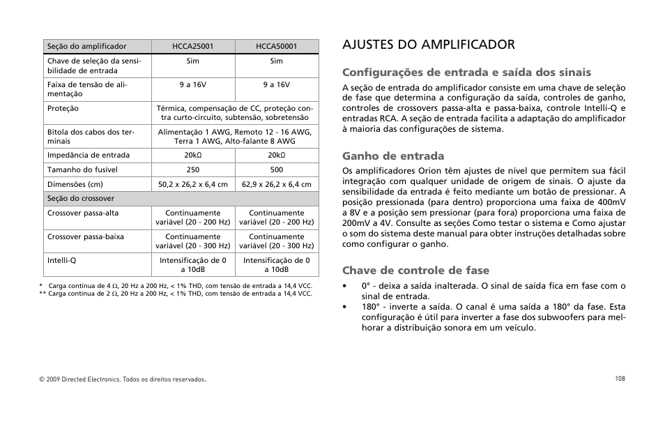 Ajustes do amplificador, Configurações de entrada e saída dos sinais, Ganho de entrada | Chave de controle de fase | Orion Car Audio HCCA25001 User Manual | Page 109 / 126