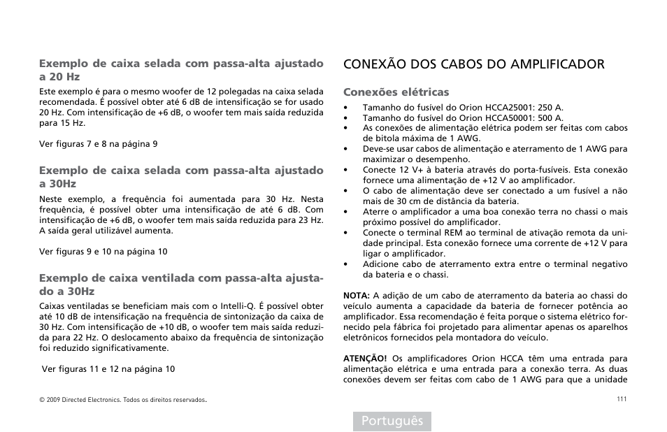 Português, Conexão dos cabos do amplificador | Orion Car Audio HCCA25001 User Manual | Page 112 / 126