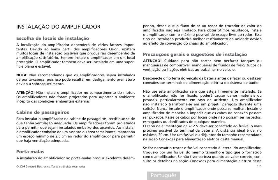 Português instalação do amplificador | Orion Car Audio HCCA25001 User Manual | Page 114 / 126