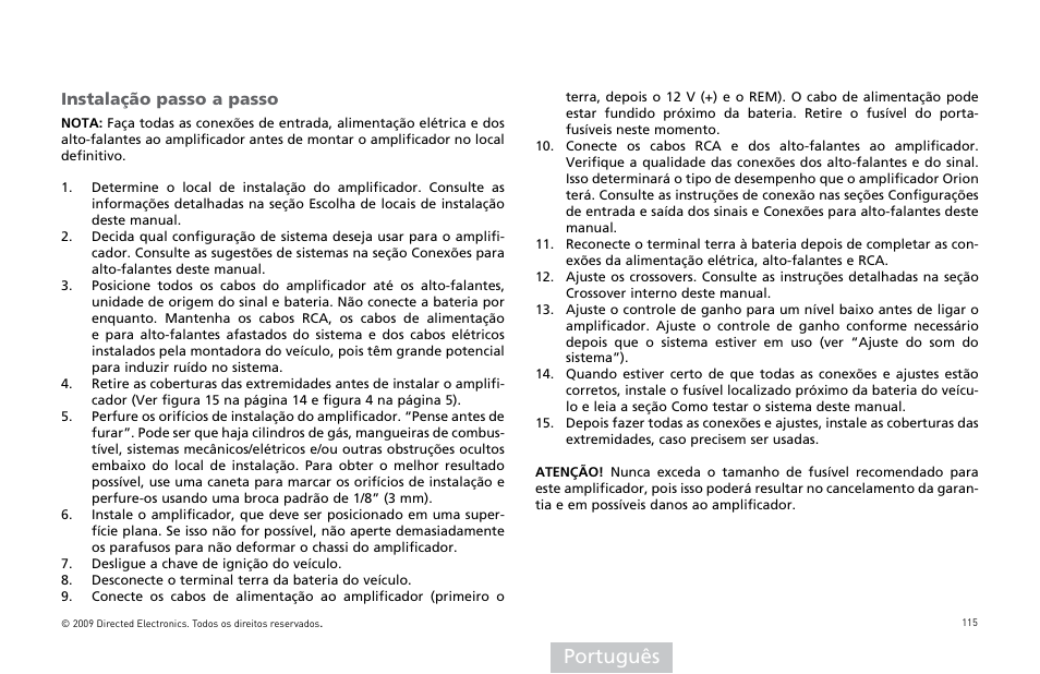 Português, Instalação passo a passo | Orion Car Audio HCCA25001 User Manual | Page 116 / 126