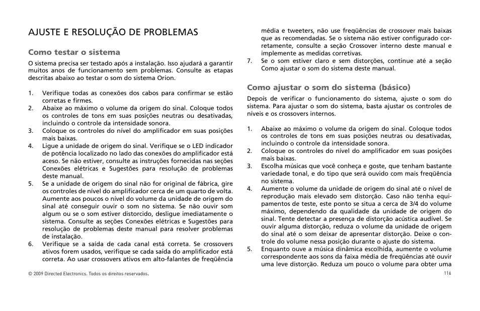 Ajuste e resolução de problemas, Como testar o sistema, Como ajustar o som do sistema (básico) | Orion Car Audio HCCA25001 User Manual | Page 117 / 126