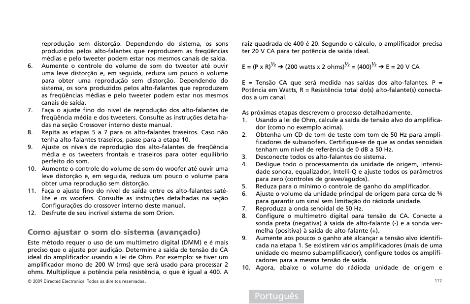Português, Como ajustar o som do sistema (avançado) | Orion Car Audio HCCA25001 User Manual | Page 118 / 126