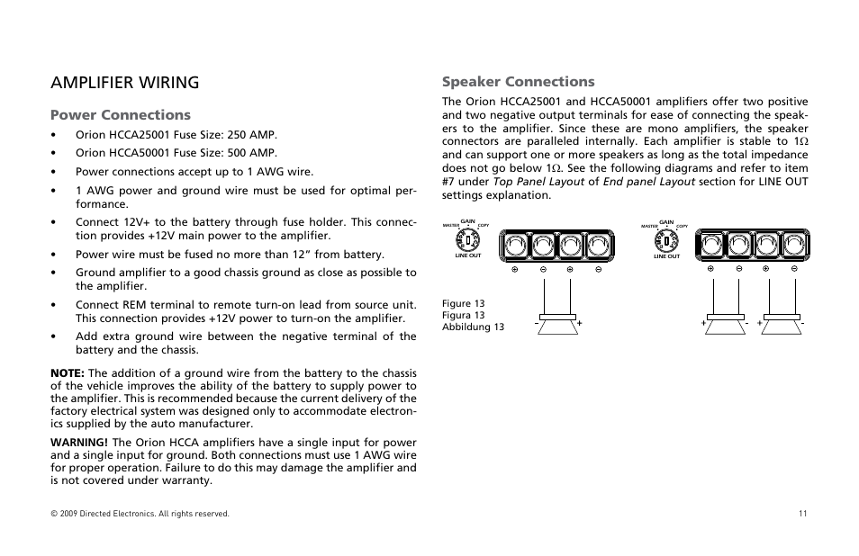 Amplifier wiring, Power connections, Speaker connections | Orion Car Audio HCCA25001 User Manual | Page 12 / 126