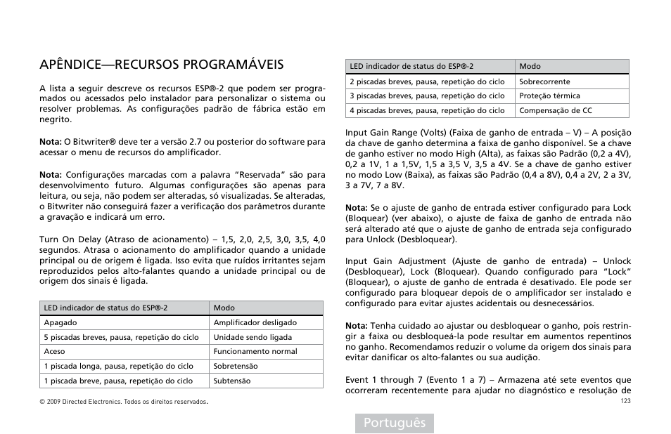 Português, Apêndice—recursos programáveis | Orion Car Audio HCCA25001 User Manual | Page 124 / 126