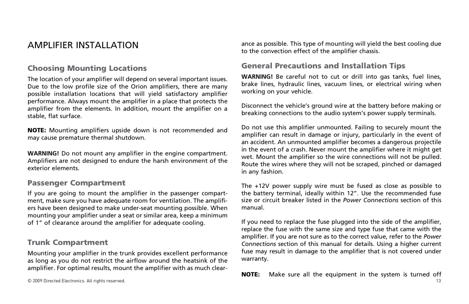 Amplifier installation | Orion Car Audio HCCA25001 User Manual | Page 14 / 126