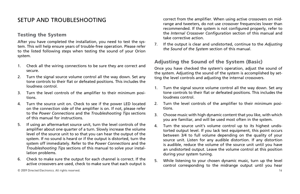 Setup and troubleshooting, Testing the system, Adjusting the sound of the system (basic) | Orion Car Audio HCCA25001 User Manual | Page 17 / 126