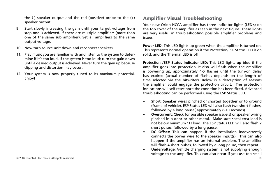 Amplifier visual troubleshooting | Orion Car Audio HCCA25001 User Manual | Page 19 / 126