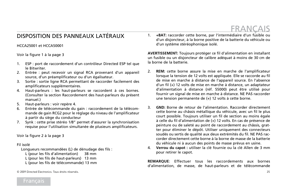 Français, Disposition des panneaux latéraux | Orion Car Audio HCCA25001 User Manual | Page 26 / 126