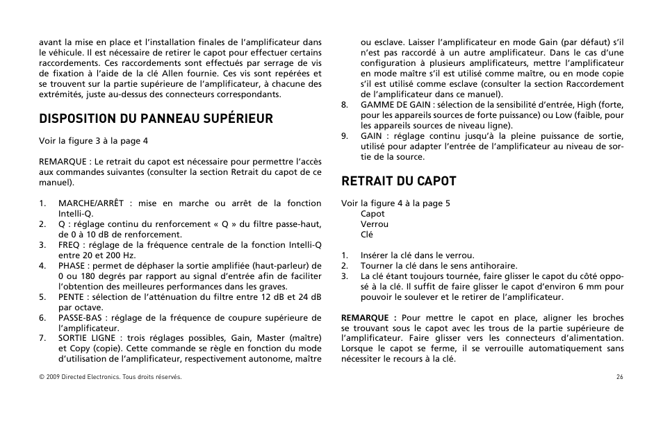 Disposition du panneau supérieur, Retrait du capot | Orion Car Audio HCCA25001 User Manual | Page 27 / 126